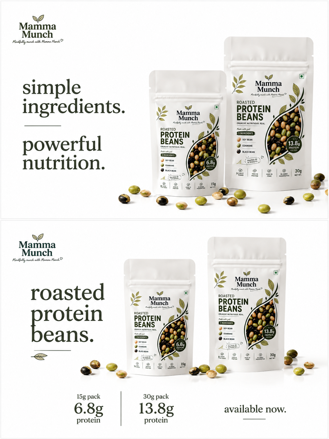 Mamma Munch roasted protein beans in 15 gram and 30 gram packs